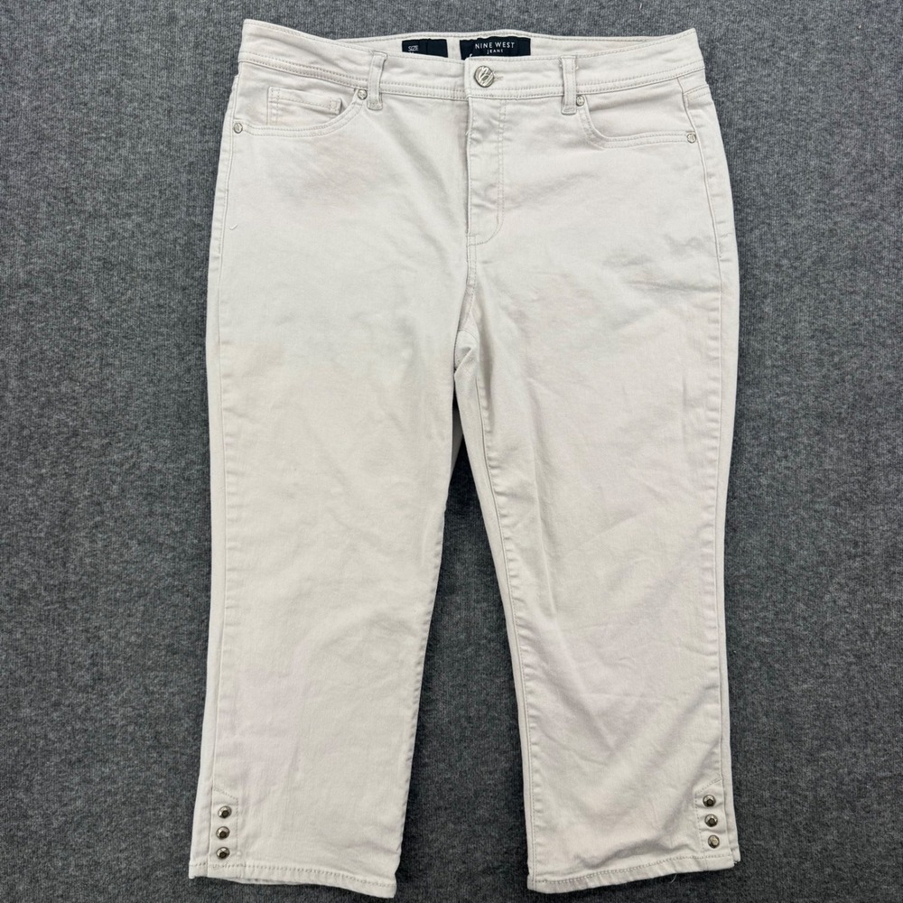 Nine West Jeans Womens 14 Beige Capri Pants Embroidered Studded Cropped Jeans